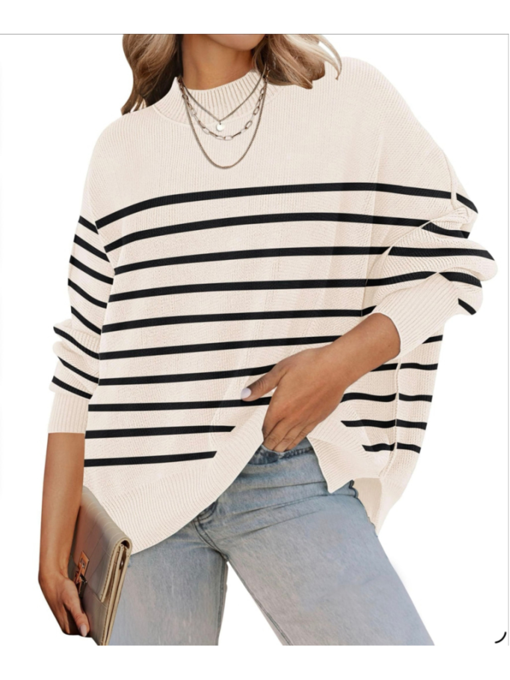 ZESICA Women’s Oversized Ribbed Knit Pullover Sweater Apricot Stripe Size S NWT